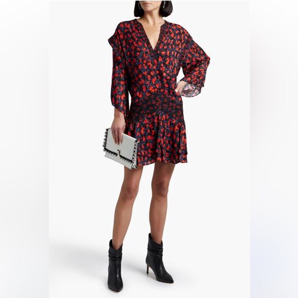 IRO River Smocked Fil Coupe Mini Dress Women's Size 2 Red Blue Silk Blend Print - Picture 1 of 16